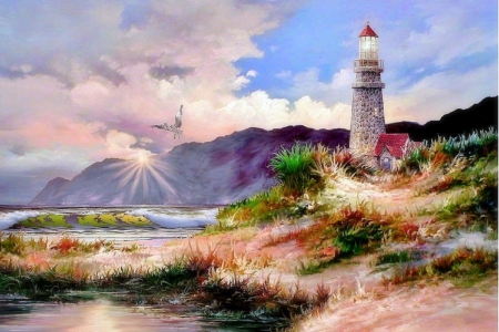 Lighthouse Sunset - seaside, lighthouses, houses, draw and paint, summer, nature, love four seasons, home, sunsets, paintings