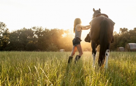 Beautiful Morning - field, horse, woman, model