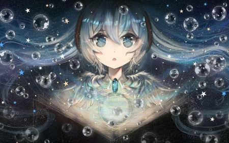 Hatsune Miku - anime, vocaloid, water, blue, girl, hatsune miku, manga, bubbles, tiggar195