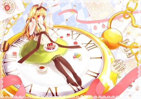 Alice - girl, bunny, ears, alice, white, cake, ahira yuzu, yellow, pink, clock, anime, green, sweet, watch, manga