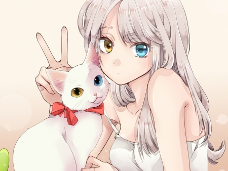 Girl and cat - white, girl, cat, hand, anime, animal, mihara youzora, manga