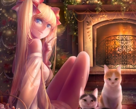 Silent night - christmas, manga, anime, silentcity, craciun, girl, tree, cat