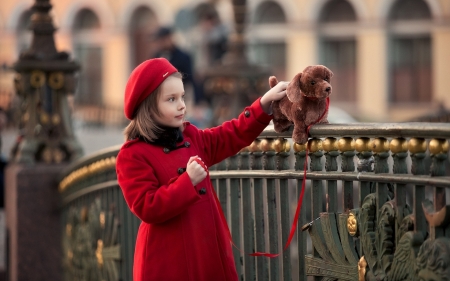 Little girl - fence, hat, puppy, girl, toy, winter, copil, child, red, dog, city, cute