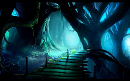 Elven Sanctuary - trees, dark, artwork, bridge, path