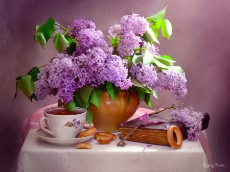 Still life - pretty, book, lilac, spring, flowers, scent, vase, beautiful, coffee, table, fragrance, tea, lovely, freshness, still life, bouquet, cookies