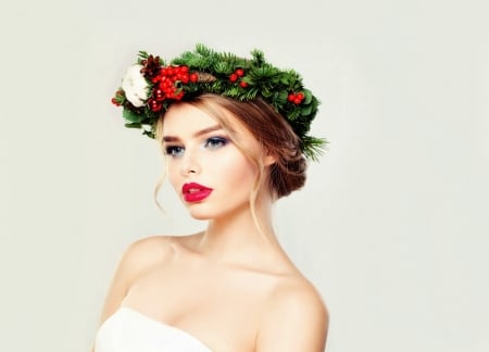 Alisa Denisovna - girl, flower, christmas, lips, white, craciun, red, green, woman, model, Alisa Denisovna