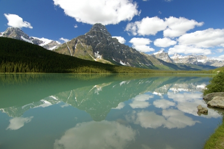 Mount Chephren, Waterfowl Lake, Banff NP - sky, mountains, water, reflection, clouds