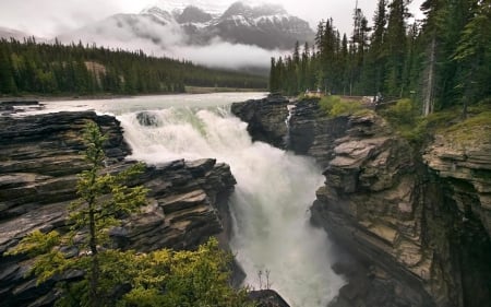 Waterfall - sky, mountains, landscape, clouds, river, trees, cascades