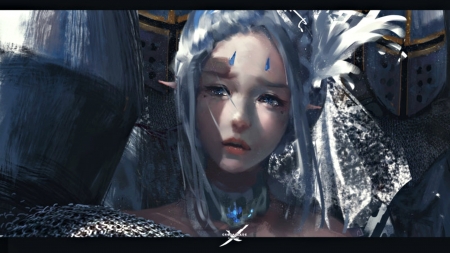 Paladin - face, wlop, game, fantays, elf, girl, blue, art, white, paladin, luminos