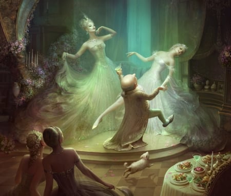 The engagement party - people, blue, dog, man, puppy, luminos, cornacchiaart, cornacchia art, girl, beauty, cornacchia-art, fantasy, green, woman, cute, dance, the engagement party