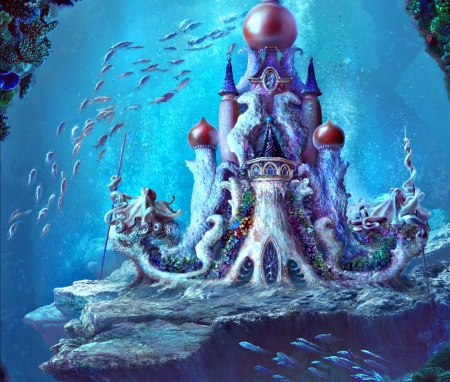 Sea Queen's castle - ganusia, sea queens castle, luminos, blue, fish, sea, fantasy, underwater