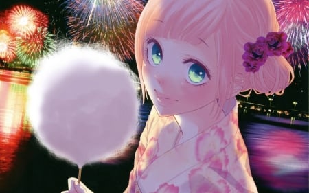 Megurine Luka - moon, girl, megurine lukan, pink, vocaloid, cotton candy, anime, kimono, luna, fireworks, manga