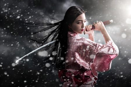 Samurai girl - woman, girl, winter, samurai, black, asian, model, katana, pink, sword, kimono