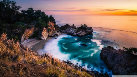 Burns Beach At Sunset - nature, beach, trees, sunset, mountains, rocks