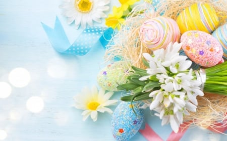 Happy Easter! - blue, snowdrops, spring, flower, pink, easter, green, egg, card