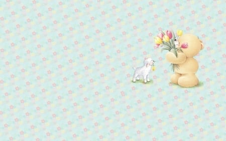 Happy spring! - blue, spring, lamb, flower, easter, teddy bear, cute, card, texture