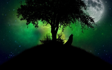 Under moonlight - moon, silhouette, animals, black, fantasy, wolf, halloween, art, full, luminos, wolfs, animal, green, paintings, luna, tree