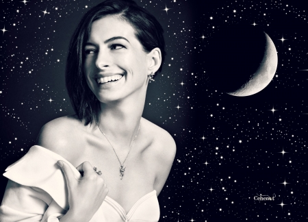 Anne Hathaway - moon, by cehenot, girl, stars, actress, black, smile, white, woman, bw, Anne Hathaway, sky, luna