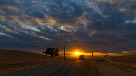 road down to the sunset - clouds, sunset, fields, road, fence