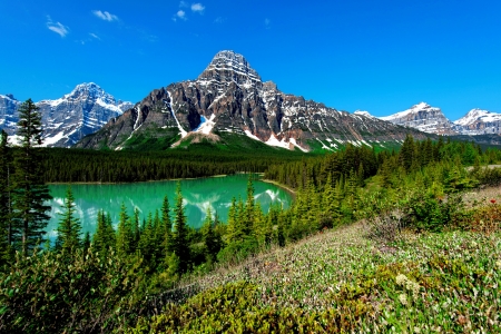 Landscape with mountain and lake - lake, sky, mountain, hills, landscape, greenery, peak, rocks, view, beautiful, grass, cliffs