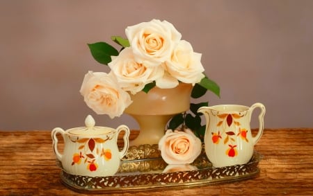 Tea time - coffee, roses, delicate, tea, bouquet, time, lovely, still life, vase, pretty, beautiful, flowers