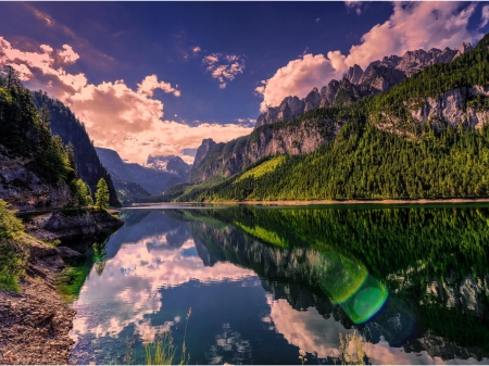 Reflecting Mountains - clouds, trees, nature, landscape, lake, forest, mountains, reflection