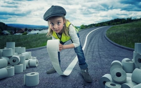 Toilet paper harvest - hat, girl, funny, child, copil, road, creative, john wilhelm, situation, blue, green, toilet paper harvest