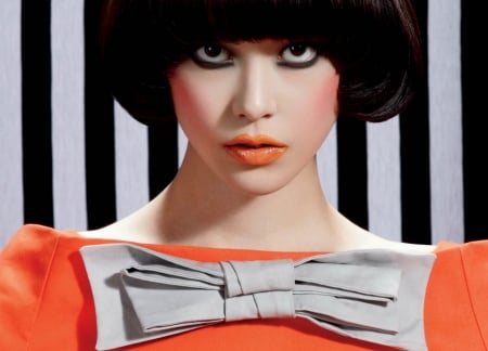 Girl - girl, orange, black, lips, white, woman, model, face, bow, brunette, stripes