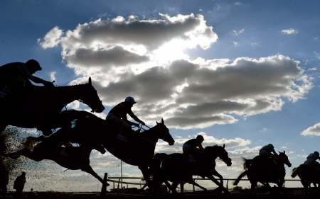 Horse racing - cloud, summer, animal, black, silhouette, blue, sky, horse racing, man