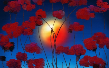 Sunset between flowers - sun, sunset, painting, art, yellow, red, blue, luminos, pictura, texture, flower, poppy