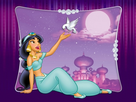 Jasmine - moon, bird, jasmine, blue, girl, pink, fantasy, purple, princess, disney, luna