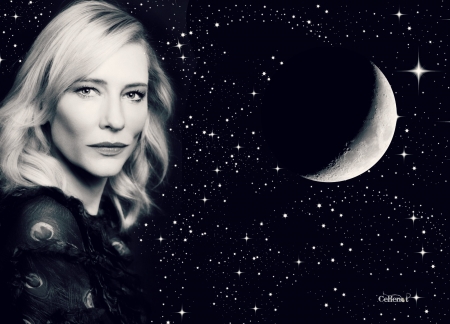 Cate Blanchett - moon, woman, actress, stars, girl, bw, black, white, cate blanchett, by cehenot, luna, blonde