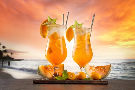 Summer - drink, beach, sky, fresh, paradise, cocktail, summer, tropical, sunset, fruit, clouds, sea, sand