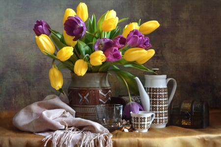 Tulips - flowers, tulips, nature, purple tulips, yellow tulips, still life