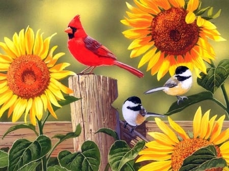 Sunflower & Songbirds - sunflowers, animals, summer, paintings, flowers, colors, birds