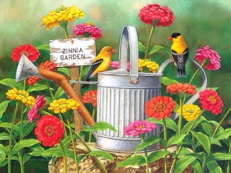 Colorful Garden - birds, summer, paintings, spring, colors, flowers, garden, love four seasons, animals