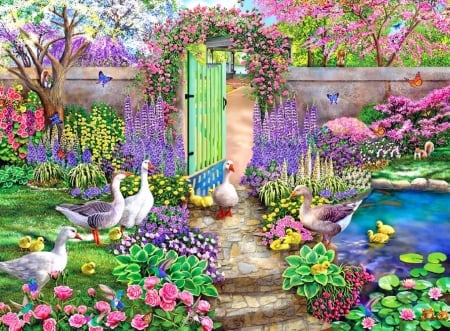 Garden Visitors - wide screen, animals, geese, water, illustration, spring, painting, art, artwork, paintings, garden, pond, butterflies, wildlife, gate, summer, bird, nature, ducklings, avian, love four seasons, ducks, beautiful, animal, colors, flowers