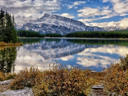 Rundle in Mount,Canada - clouds, trees, canada, nature, lake, reflection, mountain, banff