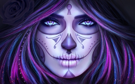 La Catrina - la catrina, girl, dia de los muertos, magicnaanavi, pink, skull, fantasy, purple, mask, face, art, luminos