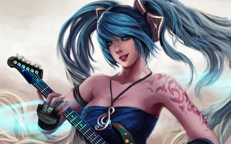 Sona - game, girl, sona, blue, league of legends, instrument, fantasy