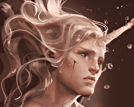 The last unicorn - fantasy, last unicorn, water drops, blonde, face, man, art, sakimichan