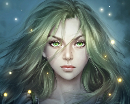 Angharad night - blue, girl, fantasy, green, tira-owl, woman, angharad night, face, art, luminos