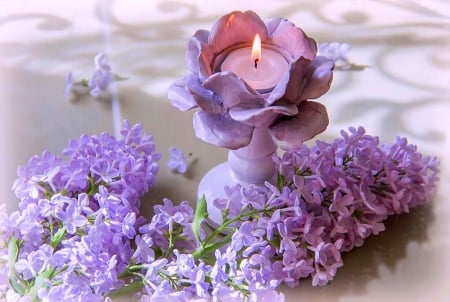 Lilac - delicate fragrance, candle, lilac, spring, still life, blooming, flowers, nature, purple, burning, twig