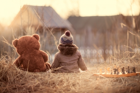 Friends - sunset, nature, teddy bear, friends, pure love, toy, child, sky