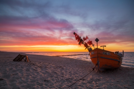 Sunset - clouds, beach, boat, splendor, sea, sand, sunset, nature, sky