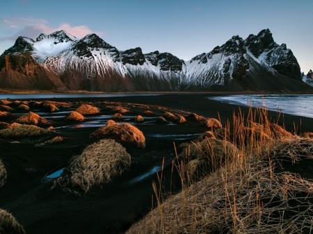 First Rays of the Sun Over Mountains - sand, mountains, lava, iceland, nature, grass