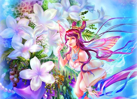 Fairy - girl, wings, fantasy, shawli2007, art, purple, stephanotis flower fairy, blue, luminos, pink, bute