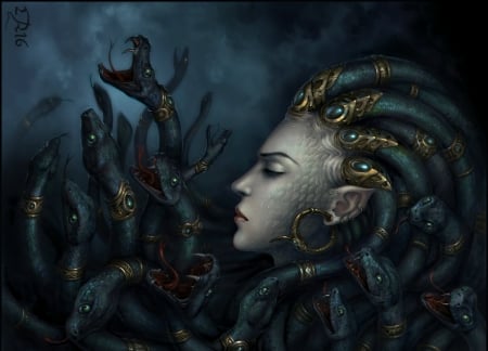 Medusa - serpent, profile, snake, blue, girl, aztecatl13, dark, black, medusa, fantasy, woman, face, candra, art, luminos