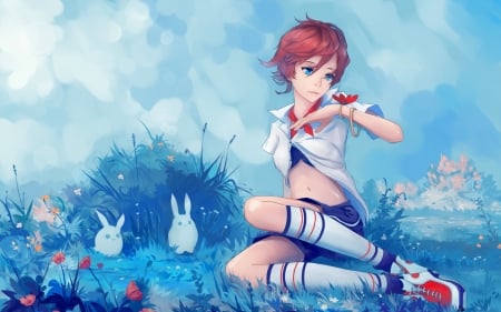 Red butterfly - red, animal, cute, anime, girl, blue, manga, white, rabbit, butterfly, bunny, insect