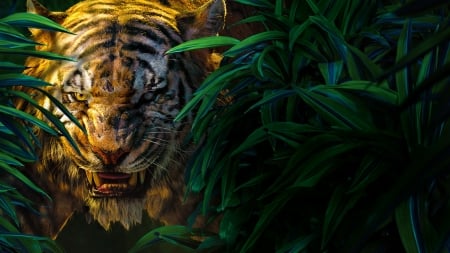 The Jungle Book (2016) - poster, the jungle book, Shere Khan, orange, tiger, fantasy, animal, green, movie, disney